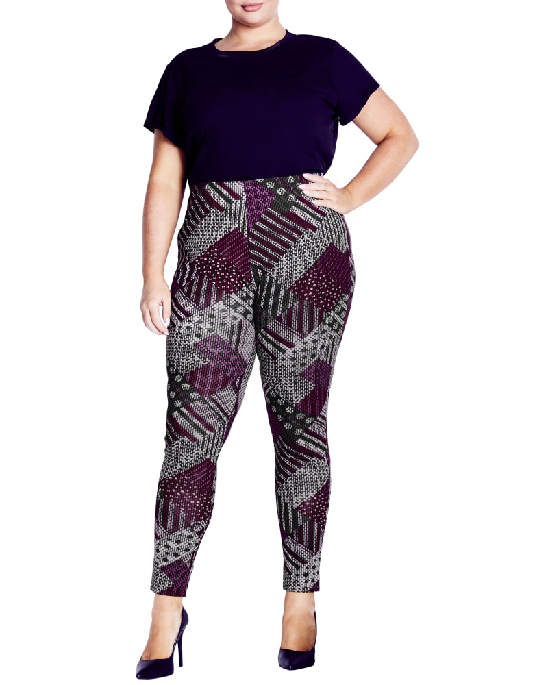 Front of a model wearing a size 14 PANT GEO in Plum Geo by Zim & Zoe. | dia_product_style_image_id:256507